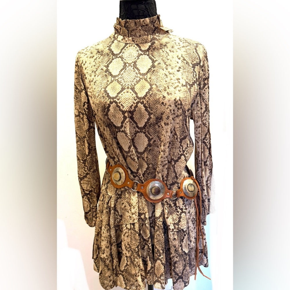 Zara Snake print ruffle neck long sleeve mini dress